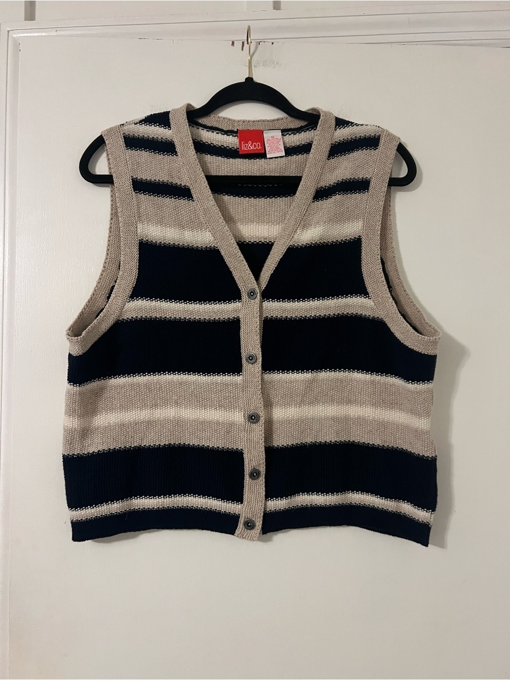liz & co. Striped Navy Beige Knit Button-Front Sweater Vest cotton/linen (A203)
